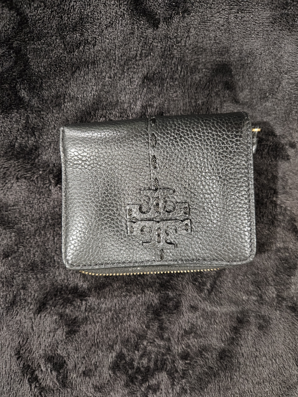 Tory Burch Black Pebbled Leather Zip Bifold Wallet